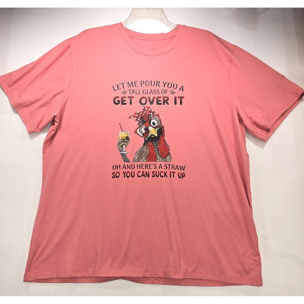 Pink Get Over It Sassy Chicken Graphic T-Shirt 4XL Short Sleeve Crewneck Tee